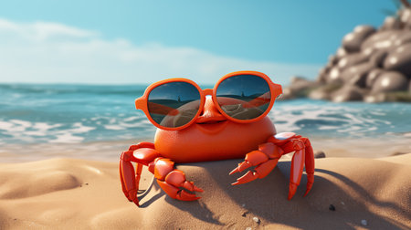 A playful orange crab wearing oversized sunglasses on a sandy beachの素材