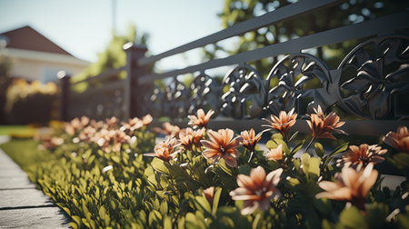 Ornate garden fence with a vibrant display of blooming flowers in a sunny suburban landscapeの素材