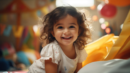 Smiling young girl enjoying a colorful birthday celebration.の素材