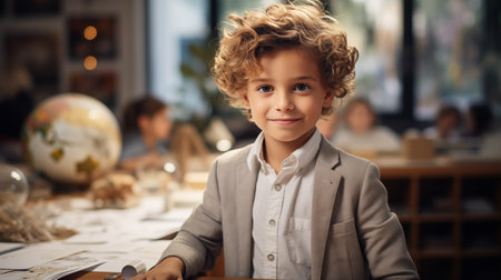 A happy curly-haired blond schoolboy, elementary school, is sitting at his desk, in a classroomの素材