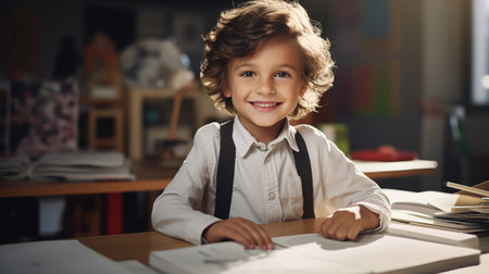 Happy curly-haired schoolboy, elementary school, sitting at his desk, daylightの素材