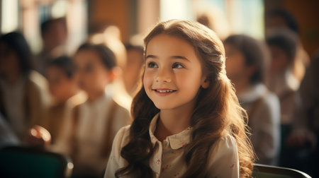 A pretty smiling girl , at school, sits in a classroom with blurred children in the backgroundの素材