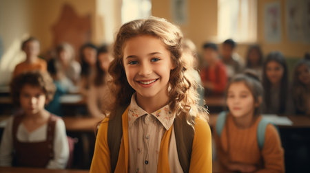 A pretty smiling girl , at school, stand in a classroom, look at cameraの素材