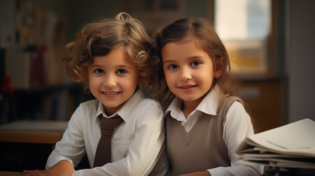 A cute smiling boy and a girl, child, are sitting at a table in the day lightの素材