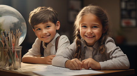A smiling girl and a boy are sitting at a table , doing homework togetherの素材