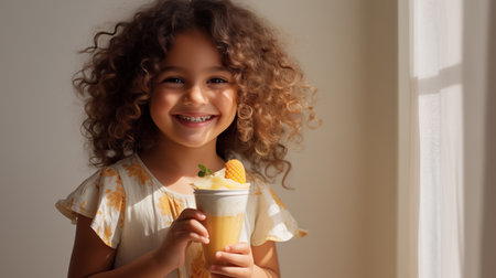 A cute baby girl with a wide smile holds a drink milkshakeの素材