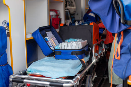 Inside view of an ambulance with medical gearの写真素材