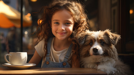 A happy dog and a little curly girl are sitting at a wooden table in a restaurantの素材