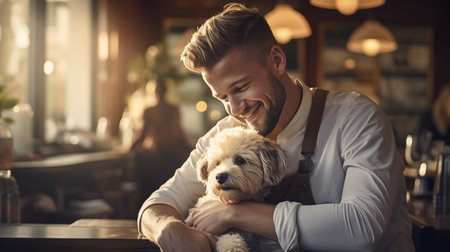 A happy young male waiter looks at a white lapdog in a restaurantの素材