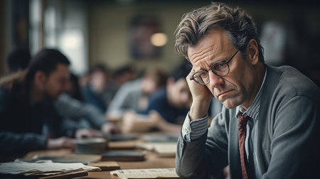 a man wearing glasses is sitting at a table with his head resting on his handの素材