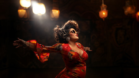 A woman wearing sunglasses and a red dress is performing in a dark roomの素材