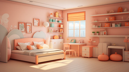 An interior design childs room with a bed, desk, shelves, and a window in a wooden fixtureの素材