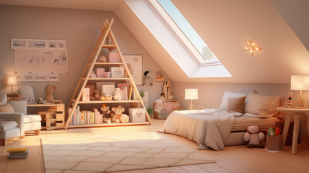 childrens bedroom with a bed, a bookshelf in the form of a wigwam and an attic windowの素材