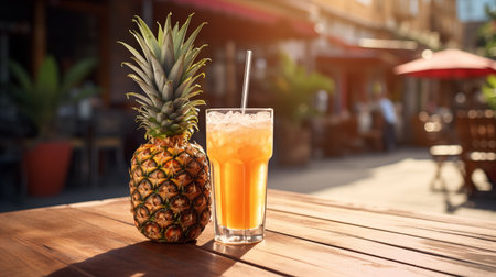 A glass with a fresh pineapple cocktail stands on a wooden table in restaurant, outdoorの素材