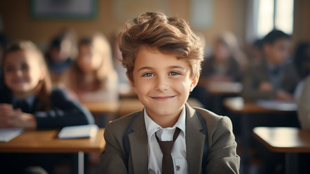 A smiling curly-haired schoolboy, elementary school, is sitting at his desk, in a classroomの素材