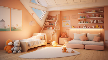 Childs bedroom with two beds, a couch, ladder, and wooden furnitureの素材