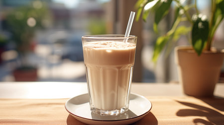 A glass of white milkshake, standing on a table, outdoors, in sunlightの素材