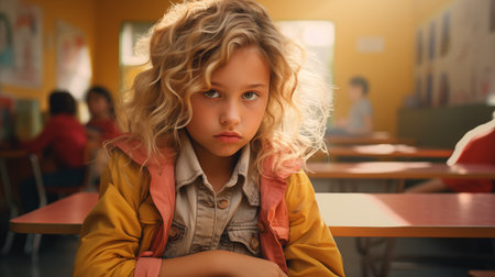 A young student girl with curly hair sits in a classroom, lost in thoughtの素材