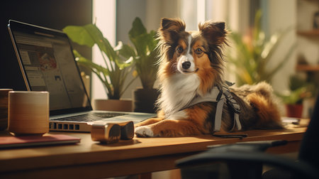 A Australian Shepherd dog is lying on a desk next to a laptop, in a houseの素材