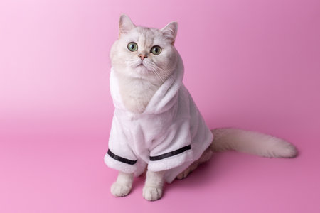 Cute white cat is sitting in a white bathrobe, on a pink backgroundの写真素材