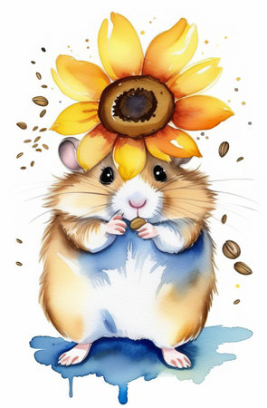 A charming hamster with a sunflower on its head, gnawing seeds, painted in watercolorの素材