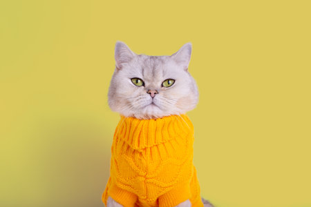 Close up of cute white cat in a yellow sweater, on a yellow backgroundの写真素材