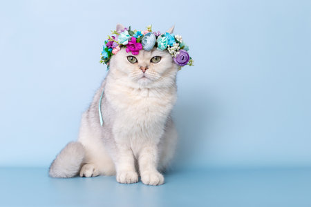 Beautiful white cat in flower wreath on head, sitting on blue background, looking at cameraの写真素材