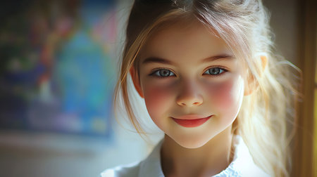 Portrait of a schoolgirl in classroom with a blurred background.の素材