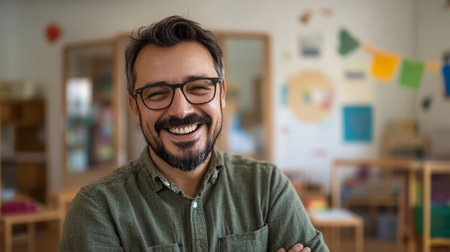 Smiling Man with Glasses in Kindergarten Classroom.の素材
