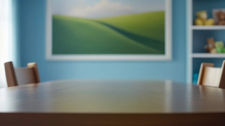Minimalist wooden table and chair in a room with blue walls and artwork.の素材