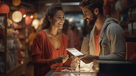 Couple shopping for jewelry in a vibrant store at night.の素材