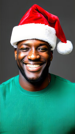 Smiling man in Santa hat and green shirt on dark background.の素材