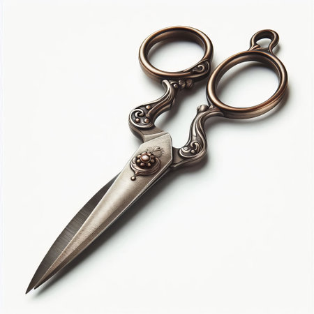 Ornate antique scissors with intricate detailing on white background.の素材