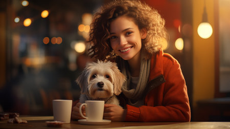 Woman with curly hair and dog enjoying coffee at a cozy cafÃ©, warm lighting.の素材