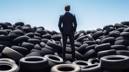 Man in suit standing before a mound of tires under a clear sky.の素材