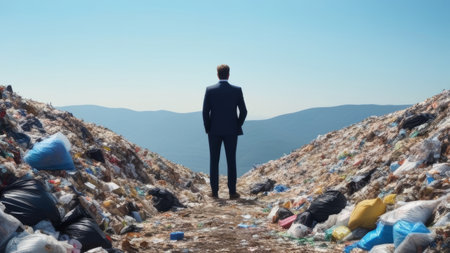 Businessman standing in landfill, contemplating the future.の素材