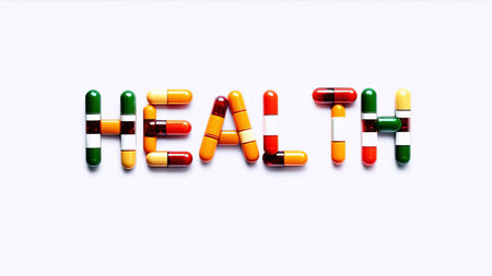 Colored Capsules arranged to spell "HEALTH" on a white background.の素材