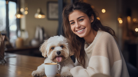 a happy young woman sitting at a wooden table in a cozy setting with a white fluffy dog beside herの素材