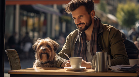 Man with dog at outdoor cafe table enjoying coffee on a sunny day.の素材