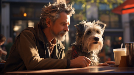 Adult Man with dog at outdoor cafe table enjoying coffee on a sunny day, autumnの素材