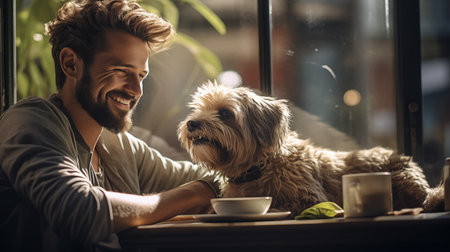 Man enjoying coffee with his dog at a cozy cafe.の素材