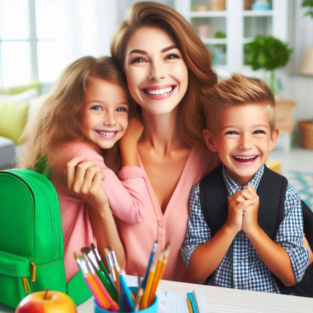 Happy family: mother with smiling children ready for school in bright living roomの素材