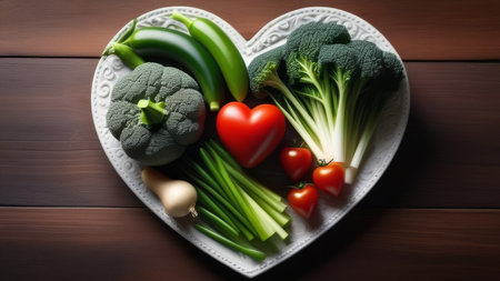 Heart-shaped plate of fresh vegetables: broccoli, bell peppers, and moreの素材