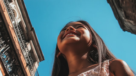 Joyful girl smiling under clear blue sky between urban buildingsの素材