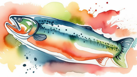 Vibrant watercolor salmon with abstract splash backgroundの素材