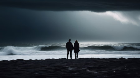 Couple standing on stormy beach at duskの素材