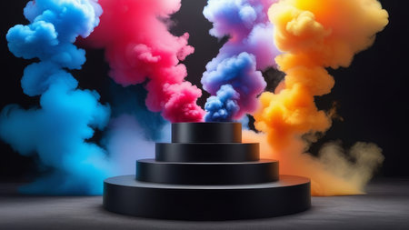 Vibrant colorful smoke exploding from tiered platform against dark backgroundの素材