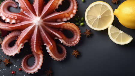 Fresh octopus with sliced lemons and spices on dark backgroundの素材