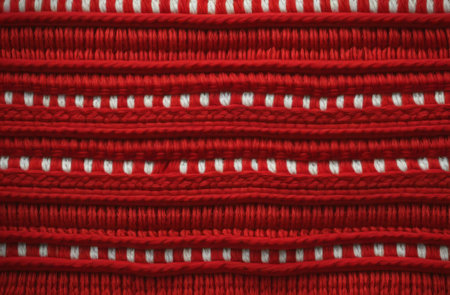 Red and white textured yarn pattern in horizontal stripesの素材