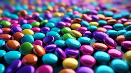 Vibrant array of multicolored candy-coated chocolate dropsの素材